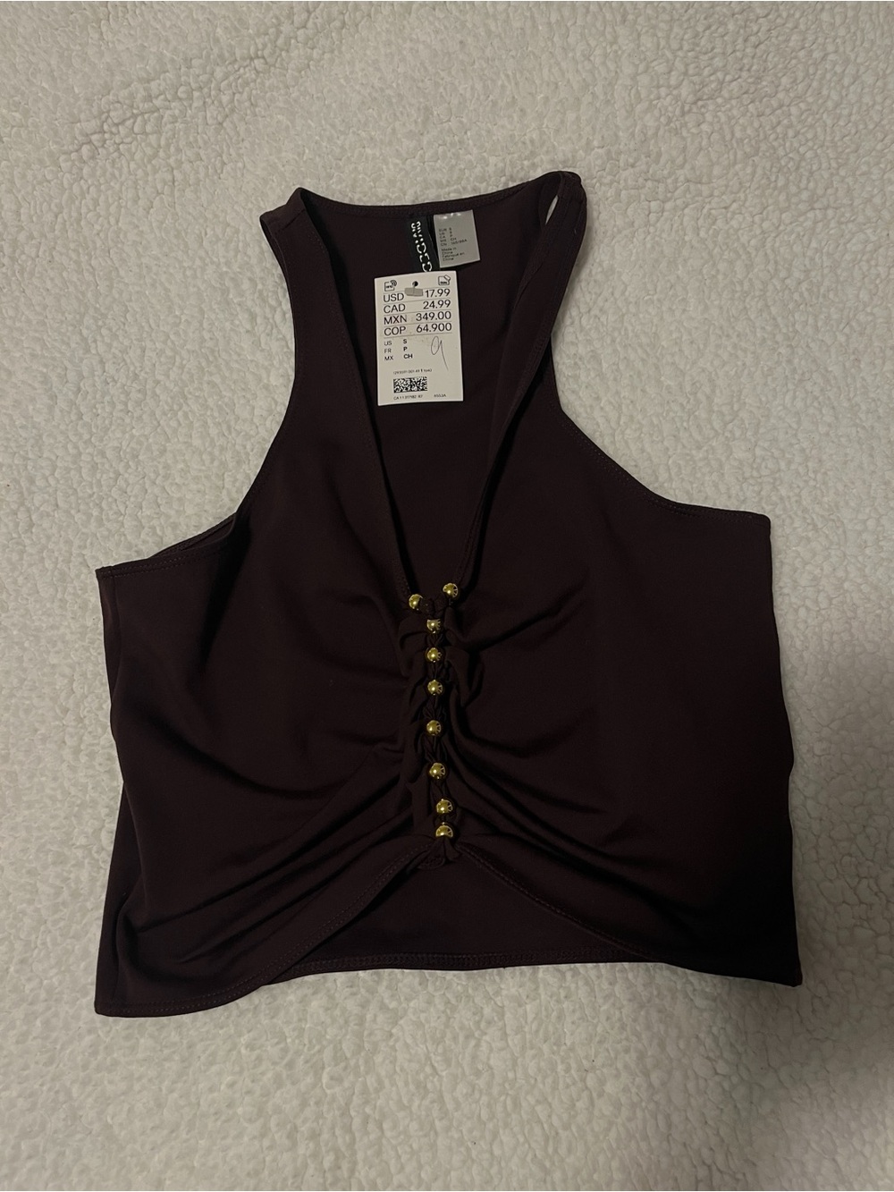 H&M Dark Brown Cropped Racerback Tank with Gold Bead Accents